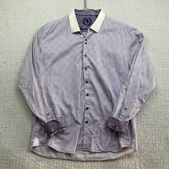 Au Noir Shirt Men Sz 6 Button Up Casual Abstract Paisley & Lined Purple *Read* - Picture 1 of 16